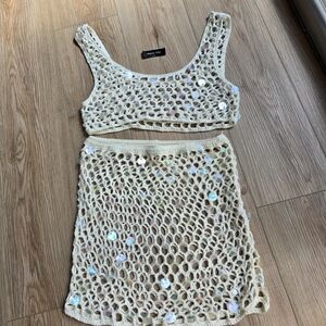 White Fox Boutique Cream Sequin Swim Coverup Set